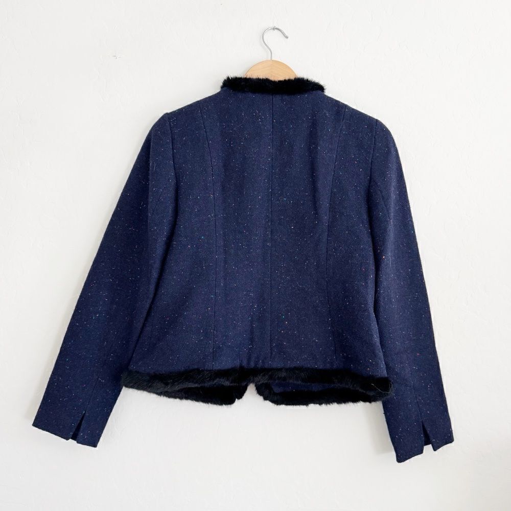 Talbots Wool Blend Fur Trimmed Jacket Blazer in Speckled Blue Size 2 - Picture 4 of 8